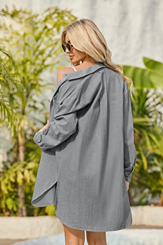 Image of Runcati Womens Button Down Shirts Linen Cotton Long Sleeve Blouse Tunic Tops Cover Up Shirt Loose Beach Bikini Dress