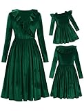 AWIBMK Mommy and Me Christmas Dresses V Neck Solid Color Green Red Dark Blue Velvet Ruffle Dress Long Sleeve Fall Winter Xmas Holiday Party Burgundy Mom Daughter Matching Outfits Green 9-12 Months