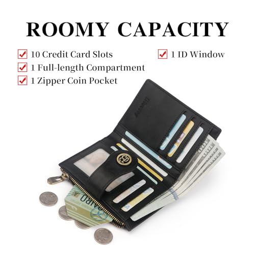 Image of Leather Wallet Women,RFID Blocking Small Wallet for Women Bifold Compact Slim Wallet Card Holder With Zipper Coin Pocket(Black)