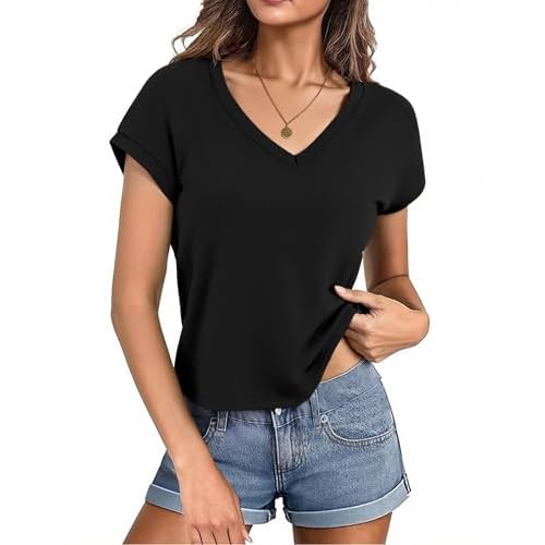 Totatuit Women Cropped T-Shirts Cap Sleeve V Neck Loose Fit Summer Tee Shirts Casual Plain Tops 2026 Trendy Clothes Black XX-Large