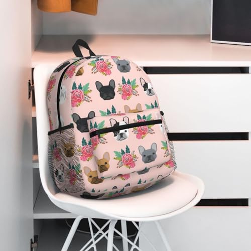 Sac à dos décontracté universitaire imprimé fleurs et bouledogue - 6