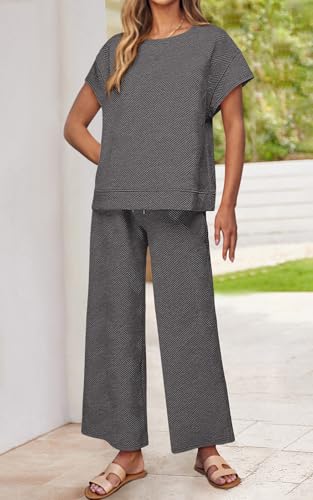 Image of PRETTYGARDEN 2 Piece Outfits For Women Casual Tracksuit Short Sleeve Tops And Wide Leg Long Pants Matching Lounge Sets