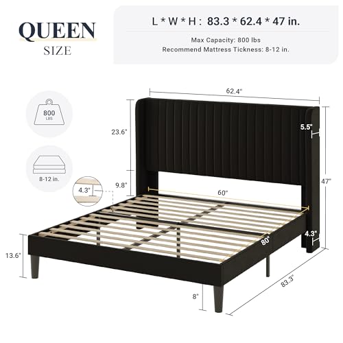 Allewie Queen Size Velvet Bed Frame/Vertical Channel Tufted Wingback Headboard/Upholstered Platform Bed/Strong Wooden Slats/No Box Spring Needed/Easy Assembly/Black