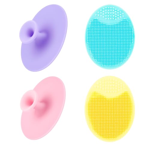 Silicone Facial Cleansing Brush Set, 4 Pack Multi-Color Exfoliating Face Scrubber with Soft Bristles, Deep Pore Cleansing Tool with Finger Grip for All Skin Types (Purple, Blue, Pink, Yellow)
