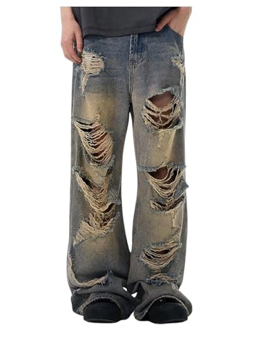 Verdusa Men's Hip Hop Ripped Distressed Jeans Straight Leg Vintage Washed Denim Pants Streetwear