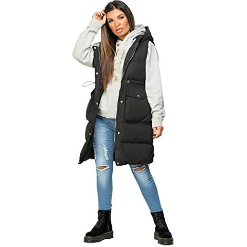 Lexi Fashion Womens Ladies Sleeveless Hooded Quilted Puffer Zip Gilet Drawstring Waistcoat Padded Vest Jacket Winter Parka Coat Long Bodywarmer Black Size 2XL-16 Cover