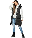 Womens Ladies Sleeveless Hooded Quilted Puffer Zip Gilet Drawstring Waistcoat Padded Vest Jacket Winter Parka Coat Long Bodywarmer Black UK Size S-08