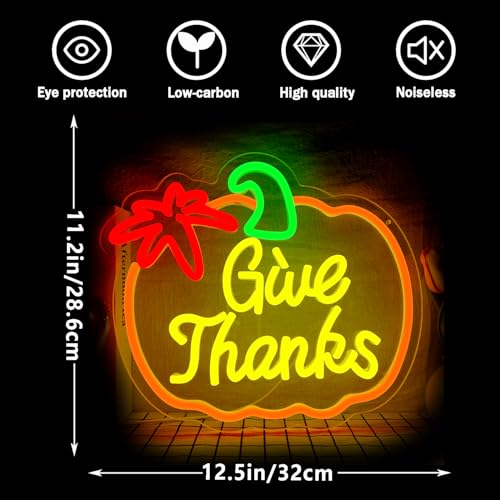 Image of Thanksgiving Neon Sign Pumpkin Neon Signs Dimmable Fall Neon Sign for Wall USB Power Give Thanks Sign for Home Bar Salon Window Porch Front Door Thanksgiving Decorations