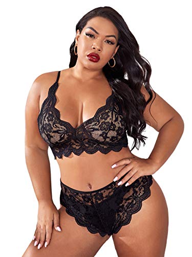 SOLY HUX Women's Plus Size Floral Lace Scalloped Trim Lingerie Set Bra and Panty Black 2XL
