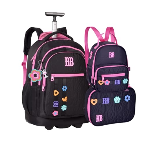Kit Rebecca Bonbon Mochila Estojo Lancheira Flower Power 19L Preta