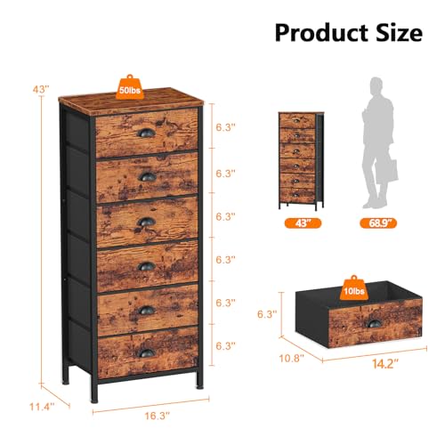 Furnulem TYDS-6D003-RUSTIC BROWN-1 Tall Dresser With 6 Drawers,Vertical End Table And Nightstand For Bedroom,Industrial Dorm Bedside Furniture thumb #2