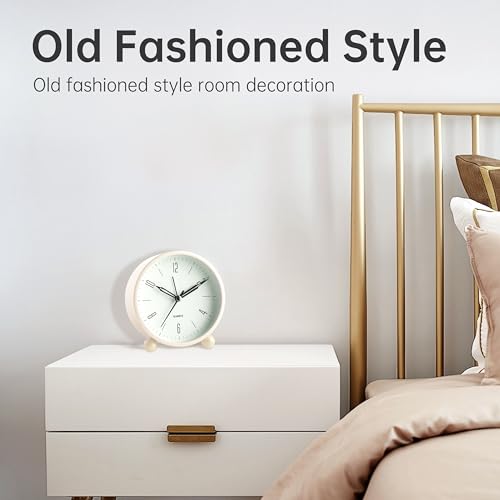Image of JALL Analog Alarm Clock, 4 inch Super Silent Non Ticking Small Clock with Night Light, Battery Operated, Simple Design, Old Fashioned Style Cream Decor, for Bedroom, Bedside, Desk, Adult, Gift, White