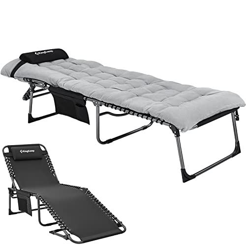 Kingcamp Adjustable Folding Chaise Lounge Chair With Mattress And Pillow For Outdoor And Indoor Use - 5-Position Portable Camping Cot For Patio, Beach, Lawn, Pool, And Tanning, Oxford Material #TOP30