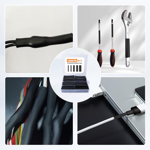 damoguin 90mm Extra lange Schrumpfschlauch-Set, 4:1 Wasserdicht Schrumpfschlauch mit Kleber, Heat Shrink Tube, Isolierschlauch-Sortiment mit 5 verschiedenen Größen（schwarz, 100 Stück）