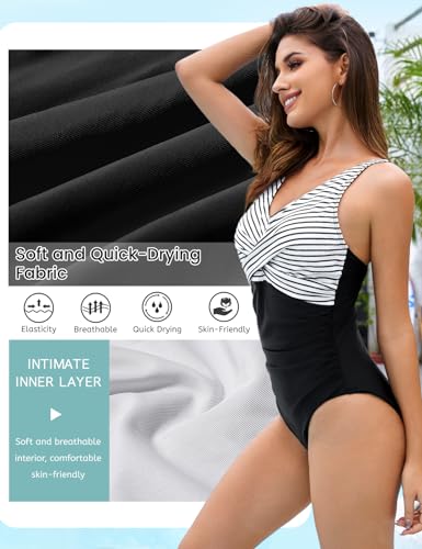 Vijamiy Badeanzug Damen Bauchweg Schlankheits Push Up Bademode V Ausschnitt Sexy Badeanzug Damen Modische Monokini Größe One Piece Swimsuits (Weiße Streifen,L)