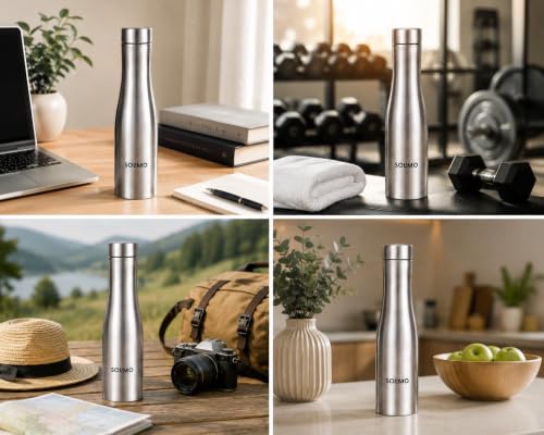 Image of Solimo Water Bottle Quality Hi-Rise Stainless Steel Single Wall 1000ML, Fridge Water Bottle |BPA Free | single wall Leak-Proof, Best for School /Office /Home /College /running (Pack 8)