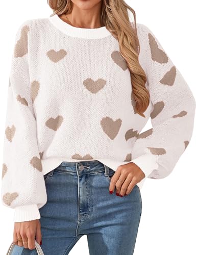 Libsorge Womens Valentine Heart Sweater 2026 Valentines Day Trendy Cute Oversized Long Sleeve Pullover Sweaters White M