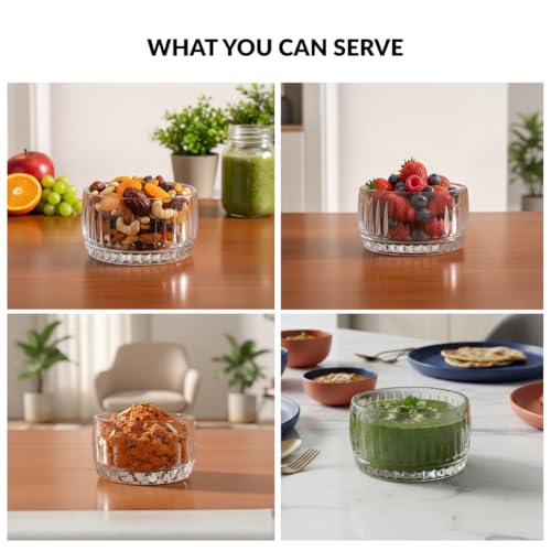 Image of Nestasia Small Glass Chutney Bowls Set of 6 (160ml Each) - Heat Resistant & Chip Resistant Ice Cream Bowls for Dips, Sauce & Pickles | Ribbed Transparent Katori with Gift Box - Ideal for Gifting