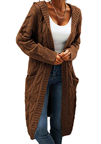 Image of Women Hooded Open Front Cardigan Cable Knit Chunky Long Sweater Coats | solid color, cable knit ,long duster cardigan,chunky coatigan,winter ,falll ,side pockets