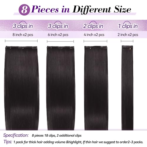 Image of Clip in Hair Extensions Real Human Hair 24 inch 120g /4.2oz Straight Seamless Invisible Human hair Extensions Clip ins for Women Double Weft 8pcs #2-Dark Brown