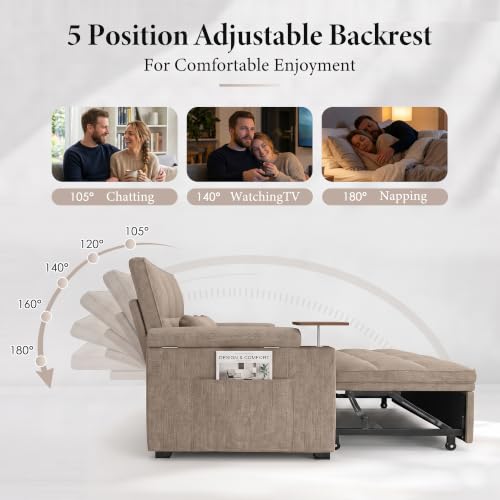 Image of Dreamzie 65'' Convertible Sleeper Sofa Bed with Swivel Side Table, Chenille Pull Out Couch for Living Room, Loveseat Sleeper Couch with Hidden Storage Space | Charging Port | Cup Holders, Brown