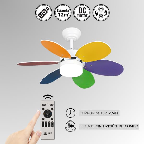 Bilake Kids Ventilador de Techo Infantil con Luz LED y Mando a Distancia, Silencioso, Aspas Reversibles, 85 cm, 3 Tonos de Luz Regulables para Habitación Infantil y Juvenil (Vivos/Blanco Reversible)