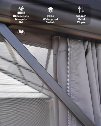 Hardtop Gazebo 12'x12' for All Weather, with Double Metal Roof, Aluminum Alloy Frame, Net, and Curtain, Permanent Building for Patio, Deck, Backyard, Lawn, and Garden, Gray