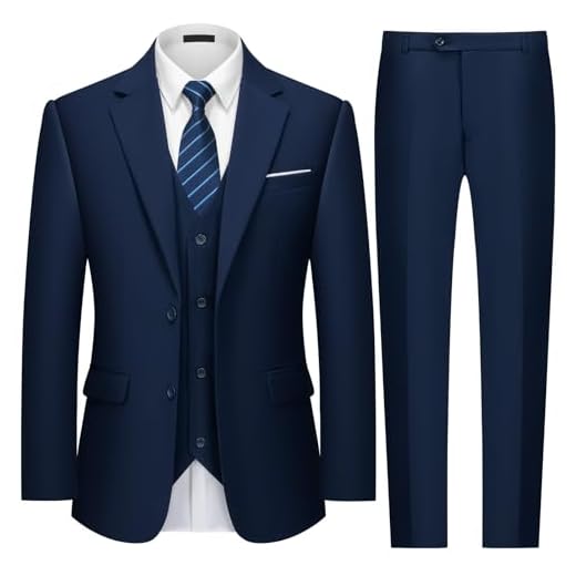 MAGE MALE Terno masculino de 3 peças slim fit, conjunto de terno de smoking para formatura e casamento, blazer de dois botões, colete e calça com gravata, Azul marinho, PP