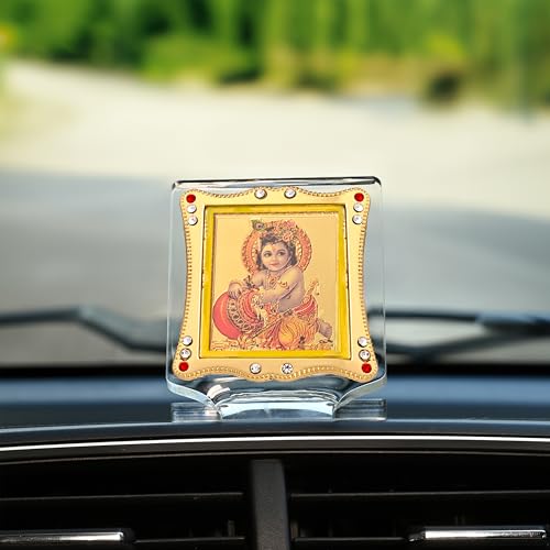 Image of Gopal Krishna Idol for Car Dashboard Showpiece Decor Golden Foil (Plated) Religious Frame for Pooja, Prayer and Gift