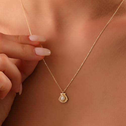14K Real Gold Shell Pearl Necklace, Minimalist Gold Shell Pendant, Dainty initial Pearl Necklace4