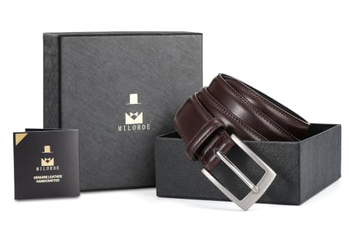 Image of MILORDE Men's Genuine Leather Dress Belt for Work Business and Casual | Handmade, 100% Cow Leather, Fashion & Classic Designs, Multi-Occasion, Gift-Boxed