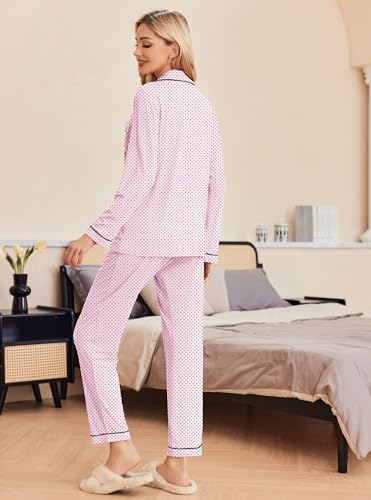 Image of Ekouaer Pajamas Women's Long Sleeve Sleepwear Soft Button Down Loungewear Pjs Lounge Set Nightwear,Pink with Black Dots,XX-Large
