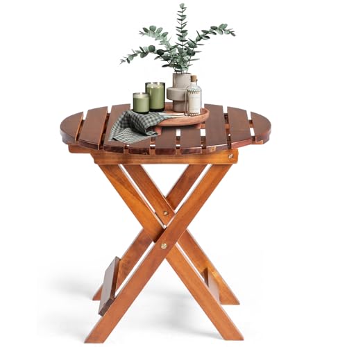 Outopee Round Folding Garden Side Table, Solid Wood End Table Coffee Table, Outdoor Small Patio Table, Portable & Lightweight Compact Table for Backyard Poolside Camping Picnic, Teak