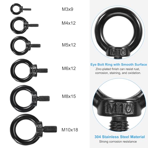 Image of PATIKIL M4x12mm Lifting Shoulder Eye Bolt, 3Pcs 304 Stainless Steel Lifting Ring Threaded Eyebolt with Hex Lock Nut /Lock Washer /Flat Washer for Hanging Hammocks Articles, Black