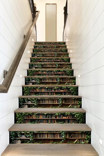 AMAZING WALL Botanical Stair Riser Stickers, Green Plants Library Bookshelf