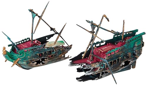 Image of Penn-Plax Shipwreck Aquarium Decoration Ornament with Moving Masts, Lifeboat, and Bubble Action