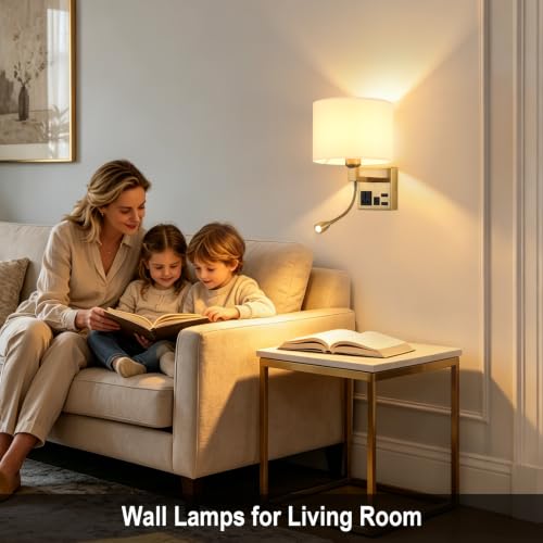 Image of Plug in Wall Sconce, Wall Lights for Bedroom with Bulb Included | Wall Mount Reading Light 360Adjustable, Adjustable Color Temperature, Bedside Lamp with AC Outlet & USBA+C Charging Port
