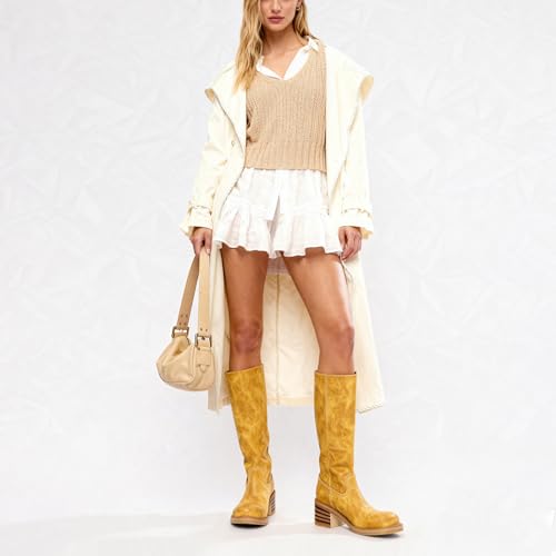 Image of DOEYG Women's Banana Knee High Boots Square Toe Chunky Block Heel Tall Boots Wide Calf Fashion Comfortable Casual Pull on Long Boots