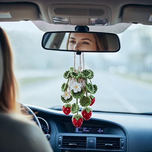 Image of Crochet Car Air Freshener Hanging, Cute Hanging Plant for Cars, Crochet Strawberry Plant with 10ml Empty Refillable Oil Diffuser Bottle, Handmade Boho Car Ornament Charms for Rear View Mirror, Red