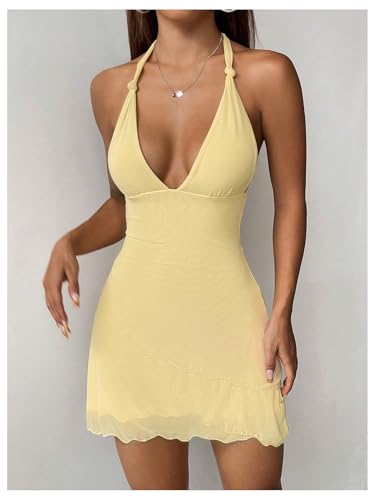 SOLY HUX Women's Deep V Neck Halter Mesh Sleeveless Bodycon Mini Dress Party Beach Vacation Clothes4