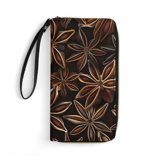 Womens Leather Wallets Star Anise Pattern Wallet for Women Large Capacity Card Phone Holder Ladies Purse with Wriststrap