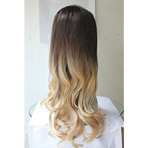 Ladies 3/4 Wig Fall Clip In Hair Piece Extensions Ombre Dip dye (Wavy/curly, Dark brown to sandy blonde) Cover