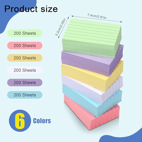 1200 Blatt Karteikarten A8, 5.2 x 7.4cm Vokabelkarten, 150g/m², Vorderseite Liniert + Rückseite Leer, Karteikarten A8 Bunt für Schule, Büro und Zuhause (6 Farben, 200 Blatt Jeder Farbe)