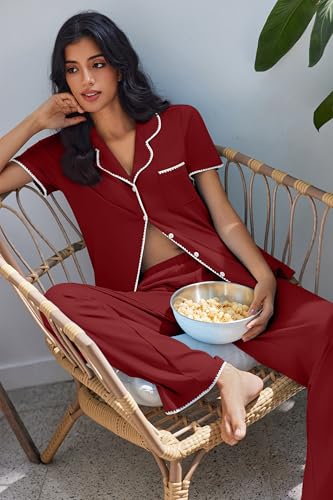 Image of Ekouaer Pajamas for Women Set Button Up Soft Pjs Short Sleeve 2 Piece Lounge Sets Comfy Sleepwear