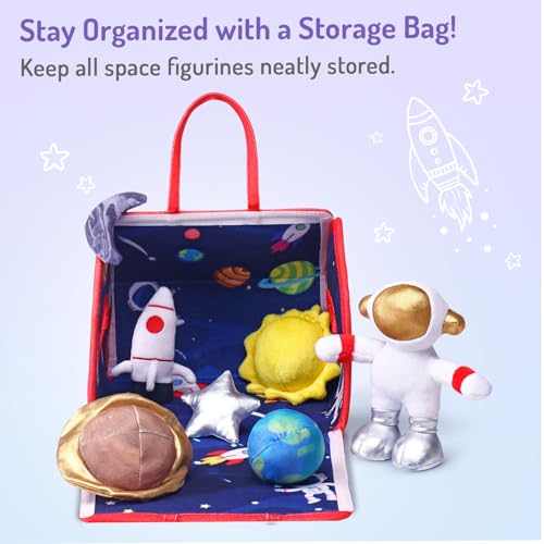 Image of Bonfino Premium My Little House Playset with Bag for Kids,7 Plush Figurines Set,Educational&Montessori Learning Toy for Pretend Play,Birthday Gift for Girls&Boys,BIS Certified (Space)