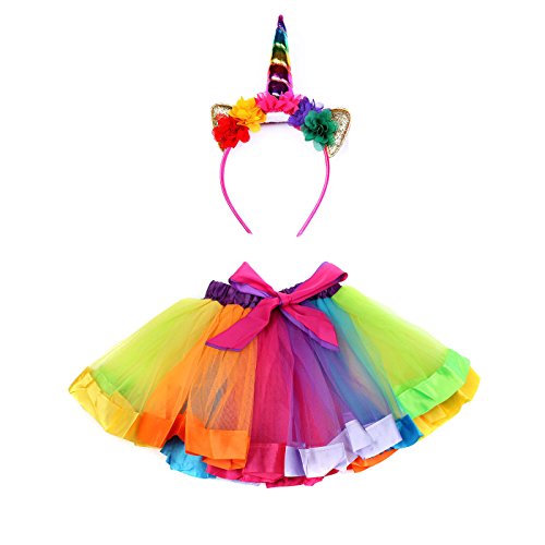 ECOSCO Unicorn Party Favor Rainbow Tutu Dance Costume Skirt Headband Hair Bows Clips SetCostume Set (L, Set B)