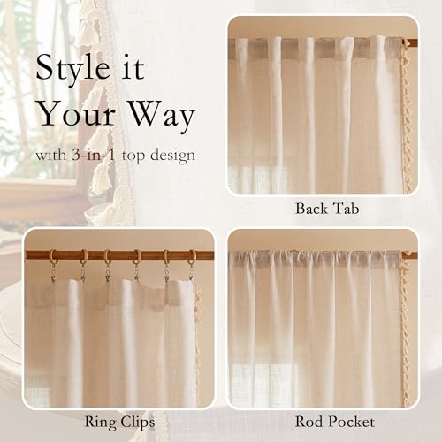 Image of MYSKY HOME Boho Cream Curtains with Macrame 72 Inch Length, Semi Sheer Drapes for Living Room Privacy Protect Rustic Farmhouse Style Back Tab for Doorways, 50 inch x 72 inch, Natural,2 Panels