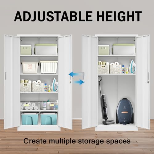 Steel SnapIt Cabinet, 71 Inch Metal Storage Cabinet with Locking Doors and 5 Adjustable Shelves, Garage Cabinet, Tool Cabinets for Office and Home Use (White)