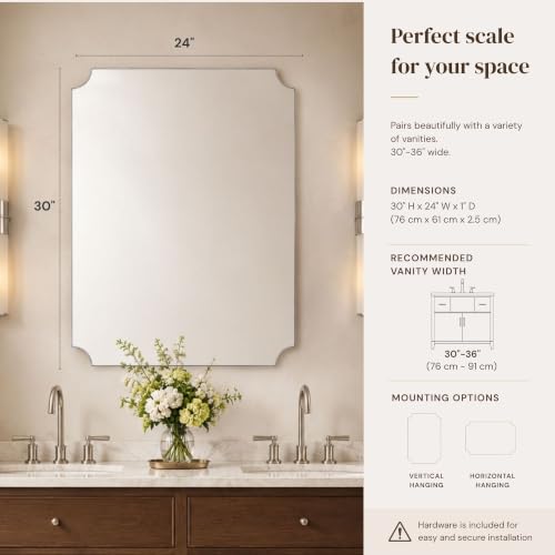 Image of TEHOME Brushed Nickel Scalloped Bathroom Mirrors, 24x30'' Silver Metal Framed Vanity Mirror for Bathroom