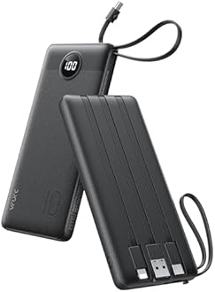 VRURC Portable Charger with Built in Cables, Slim Power Bank 10000mAh, USB C Battery Pack Travel Essential, 5 Outputs 2 Inputs Phone Charging Bank for iPhone 16 15 14 13,Samsung,Android-Black(1 Pack)